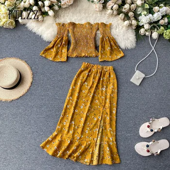 

2020 Woman Strapless Pagoda Sleeve Foral Printed Top Sexy Slit Skirt Fashion 2 Piece Sets Summer New Women Holiday Party Suits