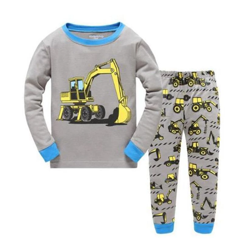 Autumn Child Pajama Cartoon Excavator Pyjamas Set Kids Pijama Infantil Boys Nightwear Cotton Girls Long Sleeve Sleepwear Suit cheap plus size pajama sets