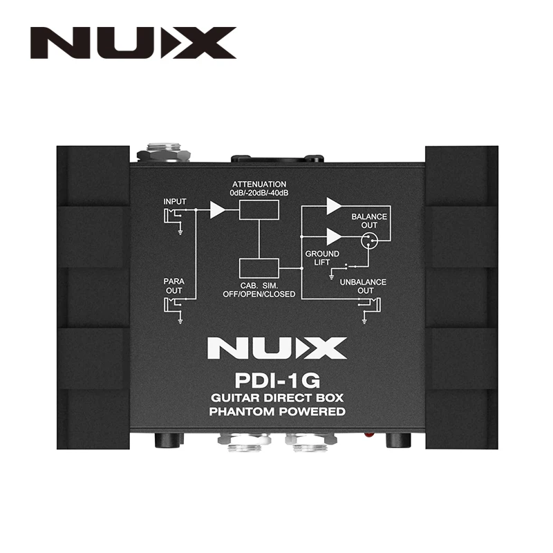 NUX PDI-1G Guitar Direct Injection Phantom Power Box Audio Mixer Para Out Compact Design Black Metal Housing