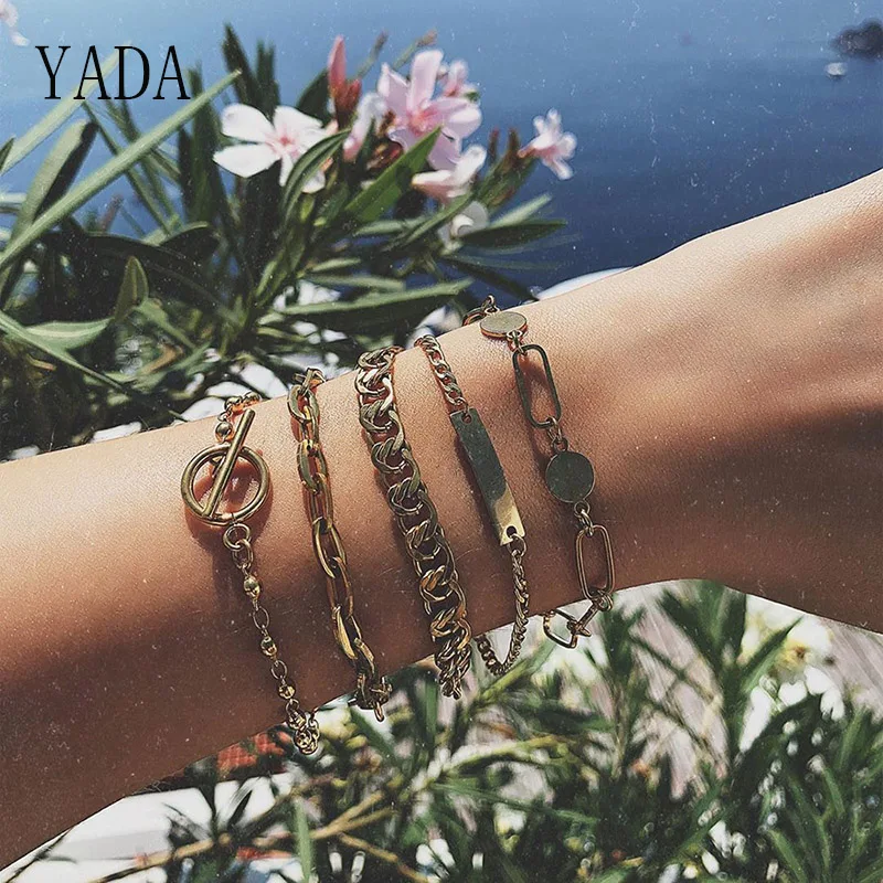 

YADA Gifts 5 PCS/SET Simple Geometric Bracelets & Bangles For Women Stainless Steel Bracelets Crystal Jewelry Bracelet BT200024