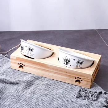 

Cute Cat Bowl Round With Wooden Stand Protects The Cervical Spine High Qualiy Bowl Feeding Drinking For Dog And Cat Pet Feeder