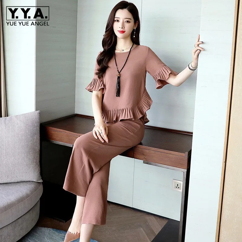 

2020 Summer Office Pants Set Women Fashions England Short Sleeve Loose Ruffles Top T-Shirt Wide Leg Pants 2 Piece Set Plus Size