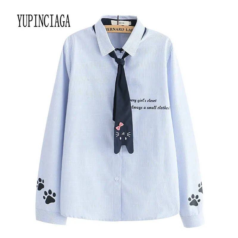 

YUPINCIAGA Japanese Mori Women's Spring Striped Letter Tie Cat Embroidery Long Sleeve Vertical Striped Shirt Blouse Female