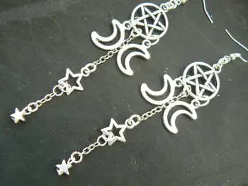 

pentagram earrings Triple moon earrings pentacle earringa star earrings