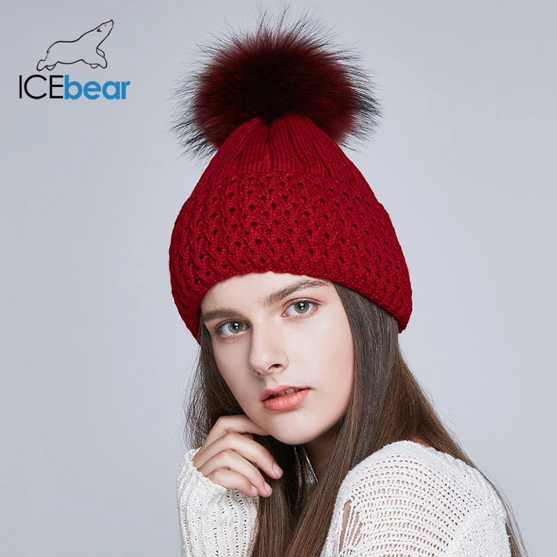 ICEbear женские шапки на осень и зиму с натуральным мехом лисы/енота, модные женские шапки с помпоном, E-MX18102Q