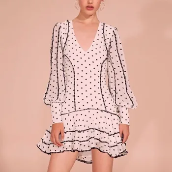 

2020 New Summer Fashion Women Clothing Casual Dot Lace Lantern Sleeve Lotus Leaf Edge Dress Female Vestido M028