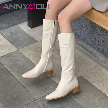 

ANNYMOLI Women Long Boots Shoes Real Leather Mid Heel Riding Boots Square Toe Zip Thick Heels Knee High Boots Black Big Size 40