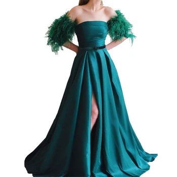 

New Arrivals Feathers Evening Dress 2020 Off The Shoulder Prom Dresses High Slit Formal Evening Party Gwon Robe de Soiree