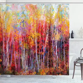 

Nature Shower Curtain, Vibrant Nature Painting with Trees in The Autumn Forest Impressionistic Artwork, Cloth Fabric Bathroom
