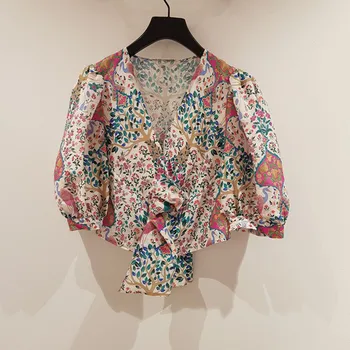 

2020 New Women Half Sleeve Short Blouse Tops Summer V Neck Lace Up Flower Printed Vintage OL Shirt