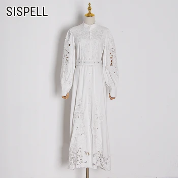 

SISPELL Embroidered Print Dresses For Girls Hollow Out Stand Collar Lantern Sleeve High Waist With Belt Women's Vintage Dress