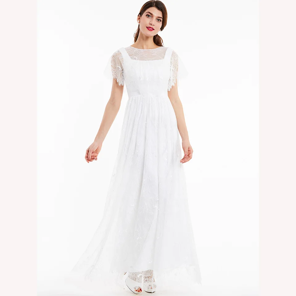 Dressv Черное длинное недорогое вечернее платье круглый вырез с короткими рукавами и кружевами свадебное вечернее платье ТРАПЕЦИЕВИДНОЕ вечернее платье es - Цвет: White