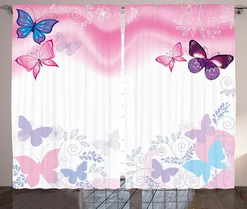 

Princess Curtains Flowers and Butterflies Curly Wavy Leaves Insect Summertime Design Living Room Bedroom Window Curtain Maroon