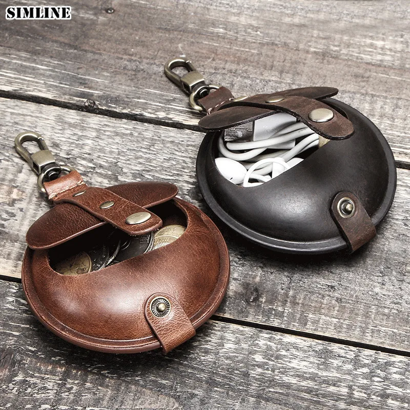 Coin purse coin wallet change bag Men 100% Real Leather Wallet Crazy Horse Round Small Coin Change Purse Earphone Airpod Bag Unisex Storage Bag Protective Pocket
