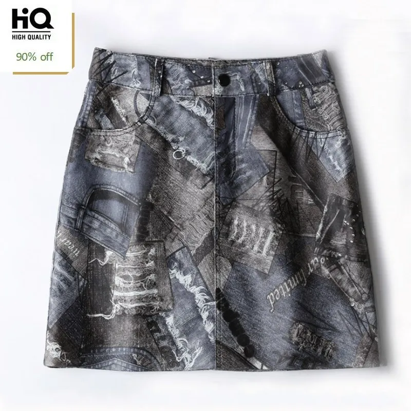 

2020 Designer Anti-Wrinkle Sheepskin Skirt Women Autumn Print A-Line Short Leather Skirts Female High Waist Pencil Skirt Tide