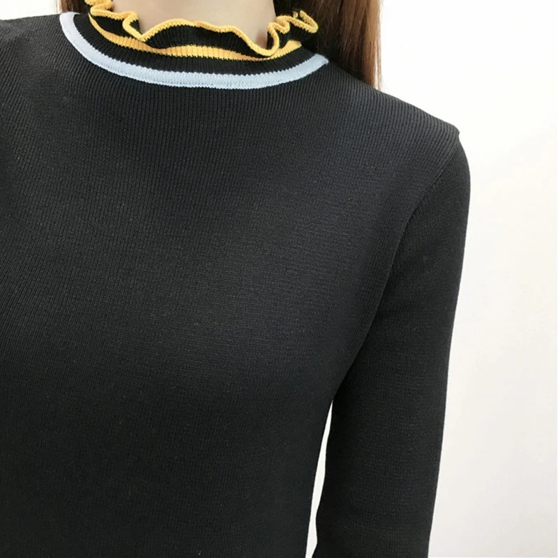 Knitted Women Solid Sweaters And Ruffled Collar Long Sleeve Casual Pullovers Sueter Mujer Tops Winter Sweet Korean Jumper