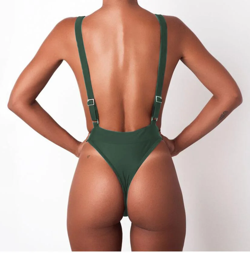 2020 Sexy Thong One Piece Swimsuit Women High Cut Out Monokini Summer Solid Low Backless Swimwear White Black Green Bathing Suit | Спорт и