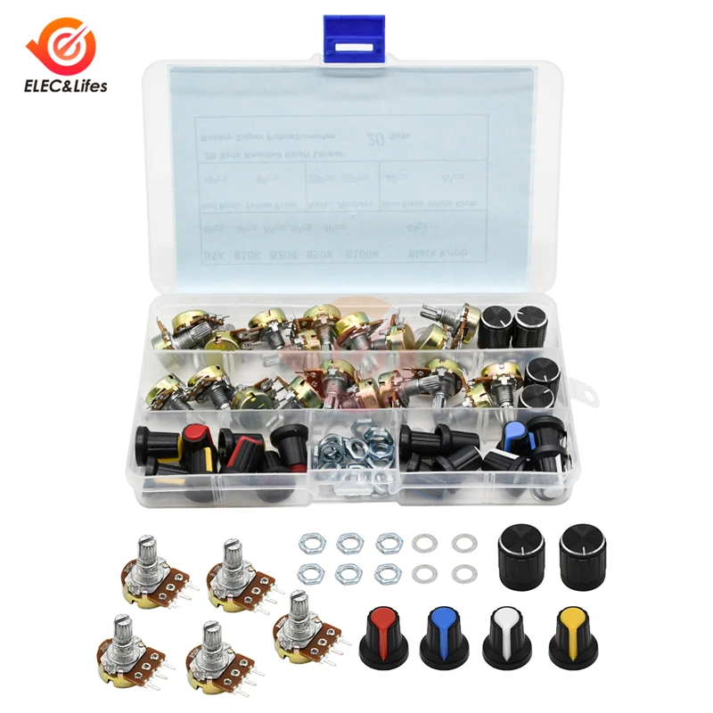 WH148 Potentiometer Kit 20Pcs B5K/10K/20K/50K/100K 25mm Linear Taper Rotary Potentiometer Resistor Set 3pin With Cap wire wound potentiometer