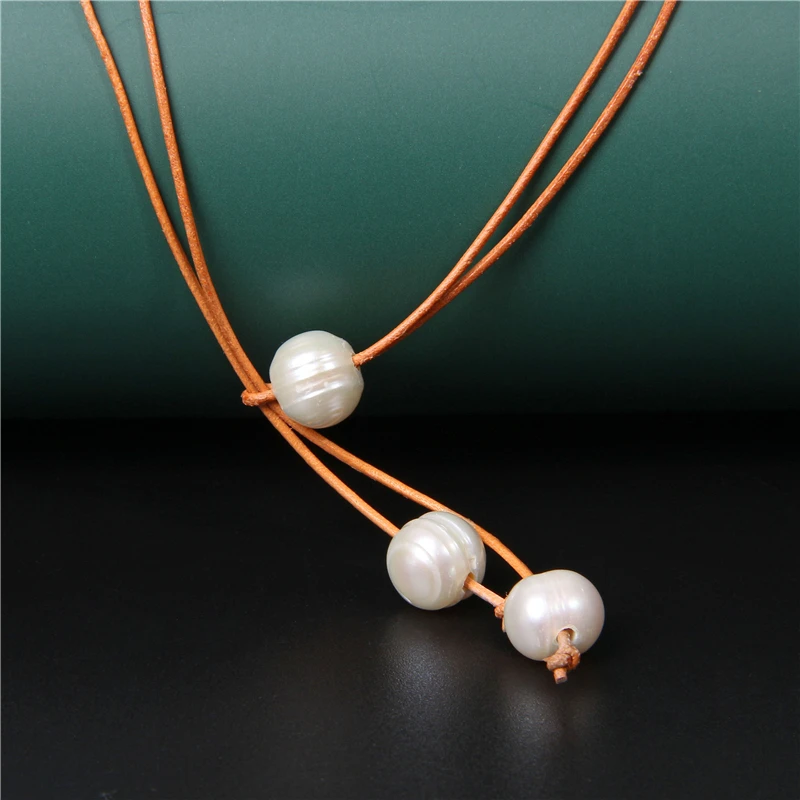 Beaded Necklace New Boho Ethnic Natural Pearls Rope Necklaces Yellow Leather Cord Collares Freshwater Perle Chockers Jewelry Women Female Gifts