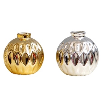

2x Ceramic Small Vase Small Flower Embossed Fish Lip Pattern Crafts Home Decorations (Gold&Silver)