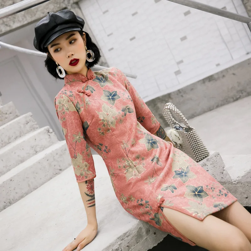 Сексуальное женское Короткое платье Cheongsam с цветочным принтом, весеннее винтажное Замшевое платье в китайском стиле, Qipao, женское тонкое вечернее платье на пуговицах, Vestido S-XXL