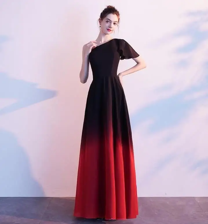 Красный Большие размеры, Vestido madrinha, новинка, одно плечо, рукав А-силуэт, шифон, градиент, черный, фиолетовый, красный, длинные платья подружек невесты sukien - Цвет: Красный