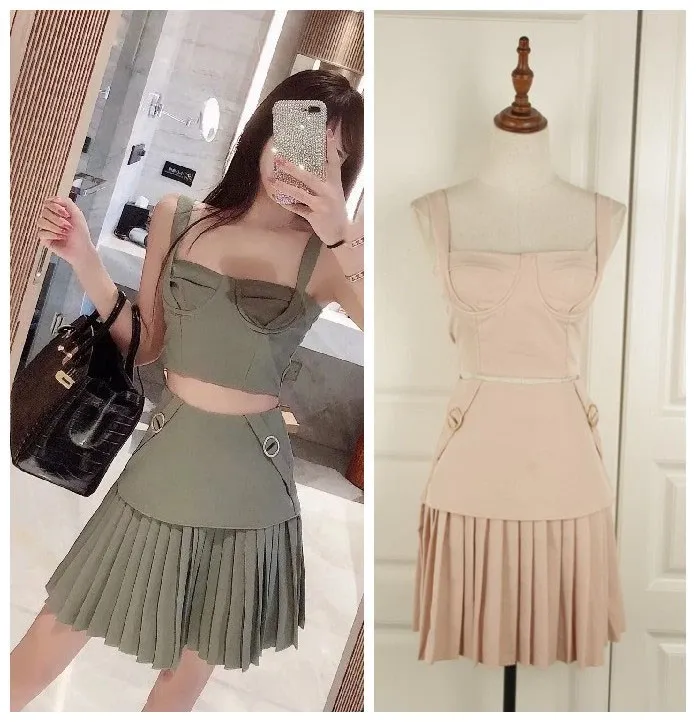 

2019 Summer Sexy 2 Piece Set Women Green Sleeveless Camis Short Skirt Matching Sets Streetwear Two Piece Club Outfits