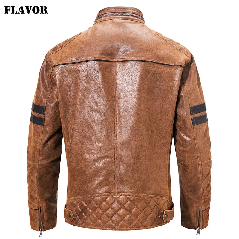 FLAVOR Chaqueta de moto de cuero marrón retro de motorista para hombre  Chaqueta de cuero genuino (marrón, S): : Moda