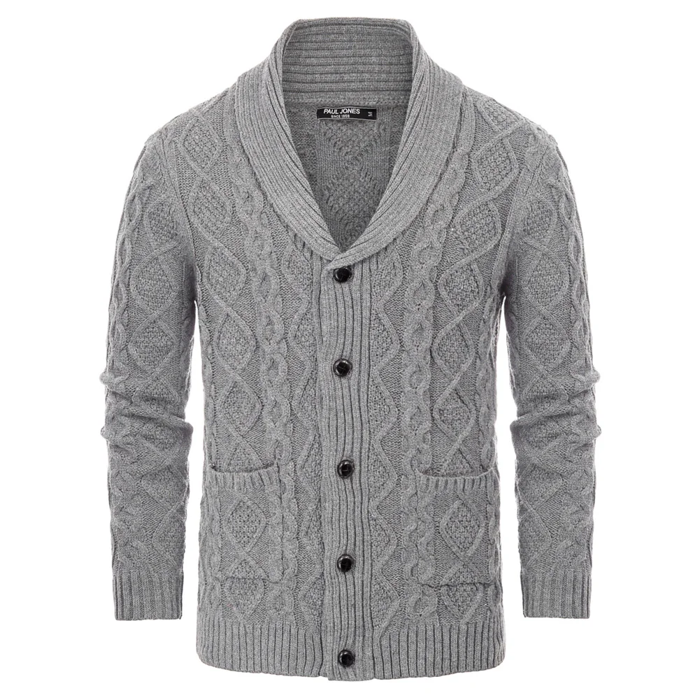 Paul Jones Mens Shawl Collar Knitwear Aran Cable Knit Cardigan Sweater