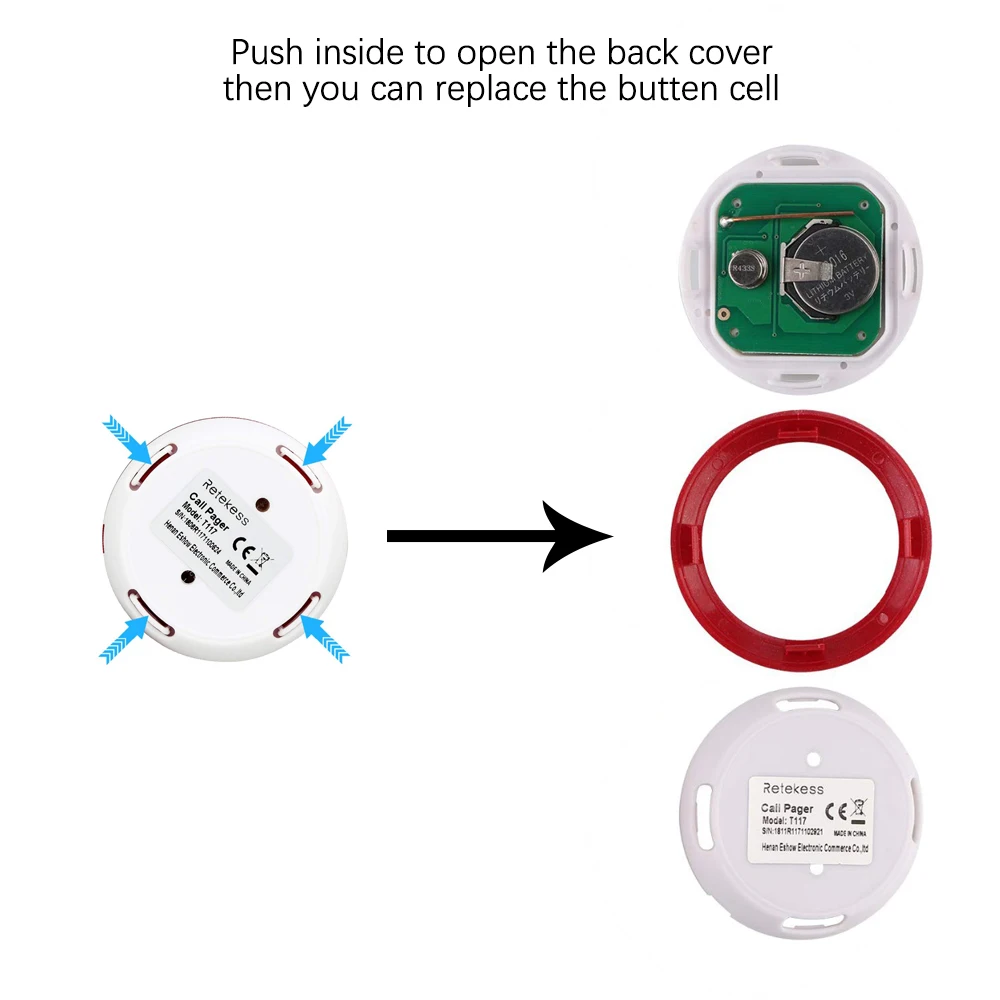 Najtaniej Retekess 10 sztuk T117 zadzwoń Pager 433MHz kelner przycisk wywołania nadajnik dla Cafe Spar bezprzewodowy system wywołujący obsługę klienta