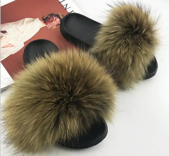 army green Детские настоящие лисьи тапочки; Шлепанцы из енота; Chinelos Menina; тапочки для маленьких девочек; летние шлепанцы - Цвет: army green