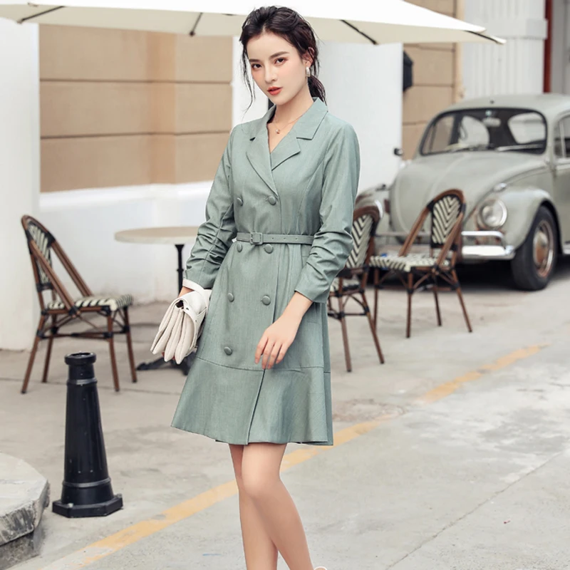 Green H Han queen однотонное двубортное платье трапециевидной формы для женщин осенние Элегантные короткие платья во французском стиле с зубчатым вырезом Vestidos - Цвет: Green