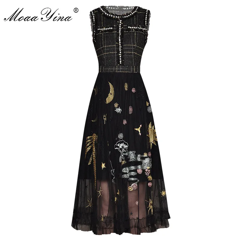 

MoaaYina Fashion Designer Runway dress Spring Summer Women's Dress Pearl Woolen cloth Patchwork Mesh Floral Embroidery Dresses