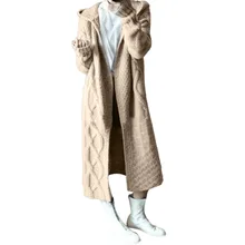 Женский вязаный свитер, новинка, однотонный длинный рукав, с капюшоном, с рисунком каннабиса, утолщенный, длинный, зимний, модный, теплый, Свободный кардиган# S