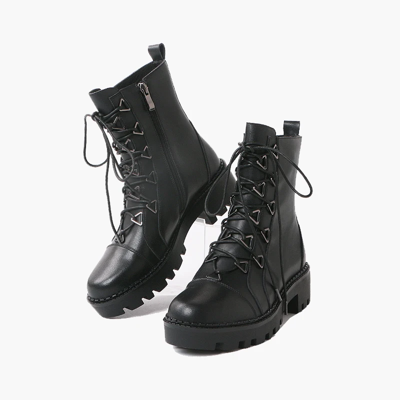 Женские ботинки с перекрестной шнуровкой зимняя обувь из черной кожи женские мотоциклетные ботинки Большие размеры 41; Bota Feminina; zapatos de Mujer - Цвет: without Short Plush