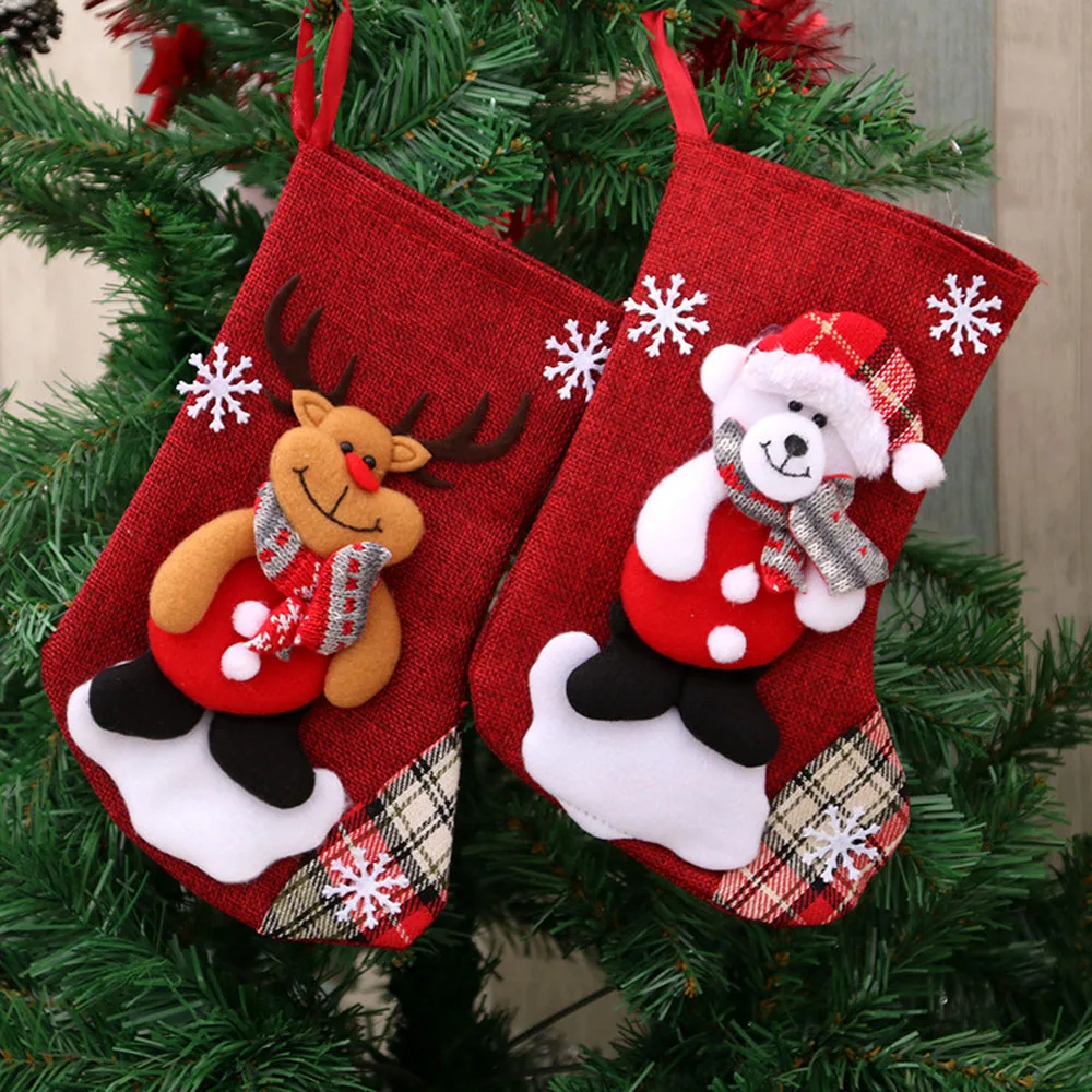 1 шт., чулок Санта-Клауса, носки, сумки для конфет, Рождественская елка, подвески, льняная Подарочная сумка для детей, декор для камина