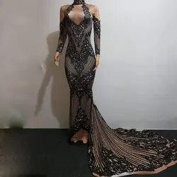 Певица костюм платье вечернее платье с длинными рукавами и кристаллами черный длинный шлейф стрейч день рождения, празднование платья