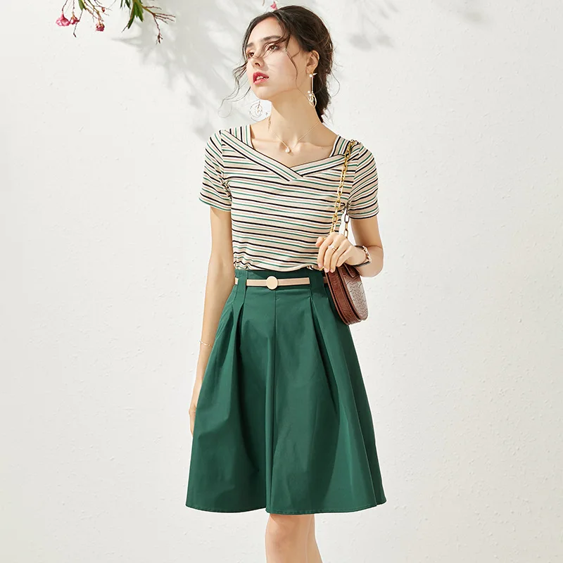 

2020 Summer New Fashion Stripe Knitted Shirt Tops And Matching Belt Green Umbrella Skirt Suit 2 Piece Set Women Outfits