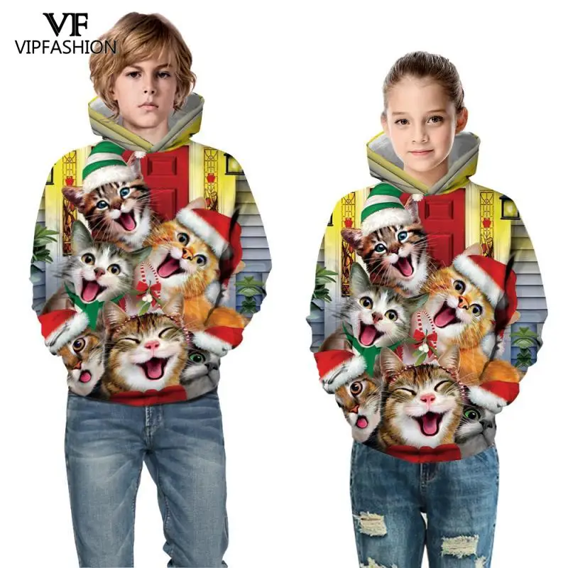 

VIP FASHION Children Christmas Costumes Clothing Boys Sweatshirts Kids Hoodies Cat Santa Gift Printed Girls Jumpers Blouse
