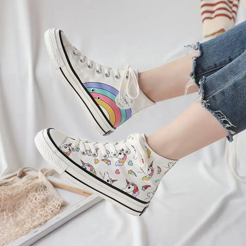 

Rainbow Unicorn Canvas Shoes Women's Hight-top Students Versatile Graffiti MacBook Trendy Shoes Korean-style New Style Women's P