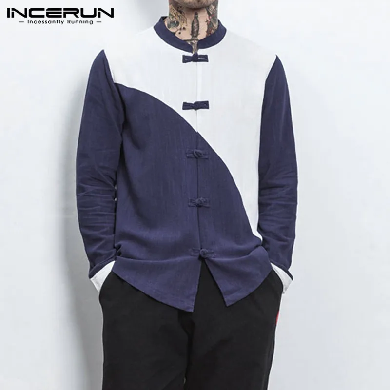 INCERUN, модная мужская Повседневная рубашка в стиле пэчворк с длинным рукавом и воротником, китайский кунг-фу, Ретро стиль, с пряжкой, удобная, хлопковая, льняная, Мужская блузка, 3XL