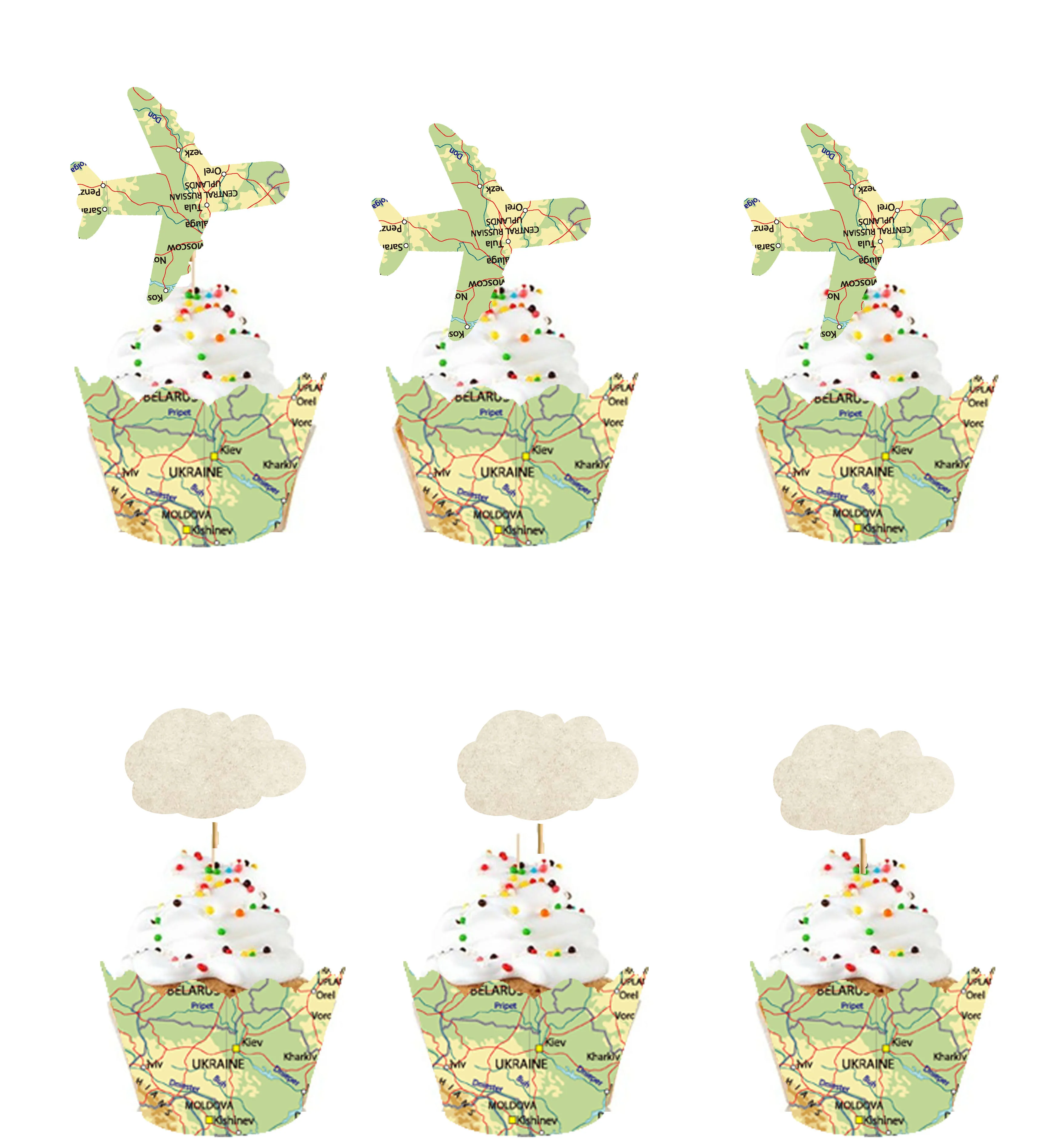 

24 Vintage Map Airplane and Cloud Shaped CupCake Toppers Wrappers Party Decoration-Travel Themed Going Away Decoration Supplies