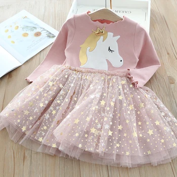 

Christmas party star mesh stitched Princess Dress Girls' Knitted Dress 2020 girls autumn long sleeve Unicorn print dress