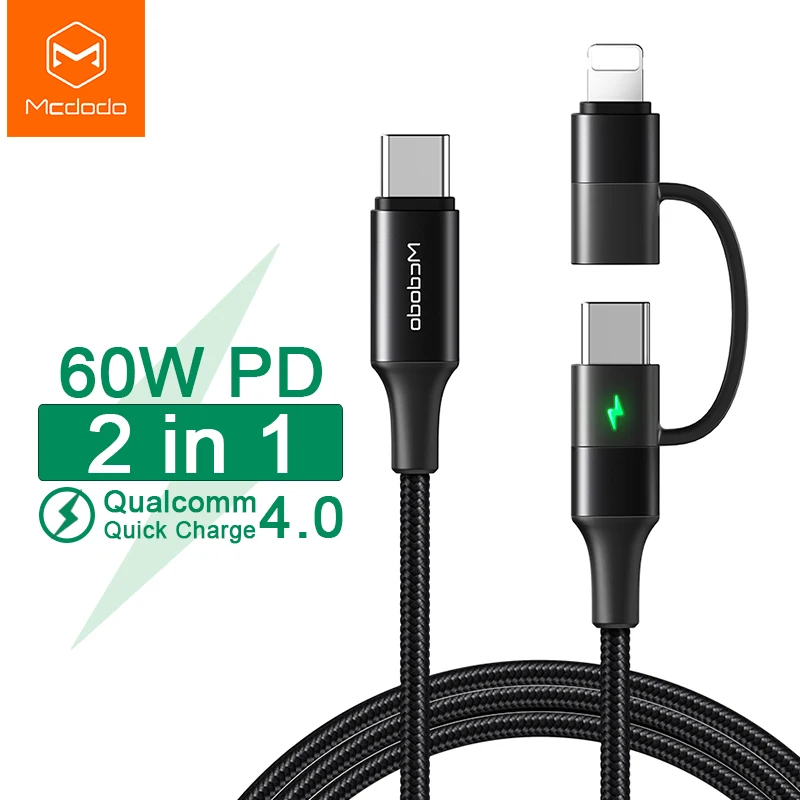 Mcdodo 60 Вт USB Type C кабель для быстрой зарядки IPhone Xs Max XR X IPad Pro Macbook Huawei Samsung 2 в 1 шнур