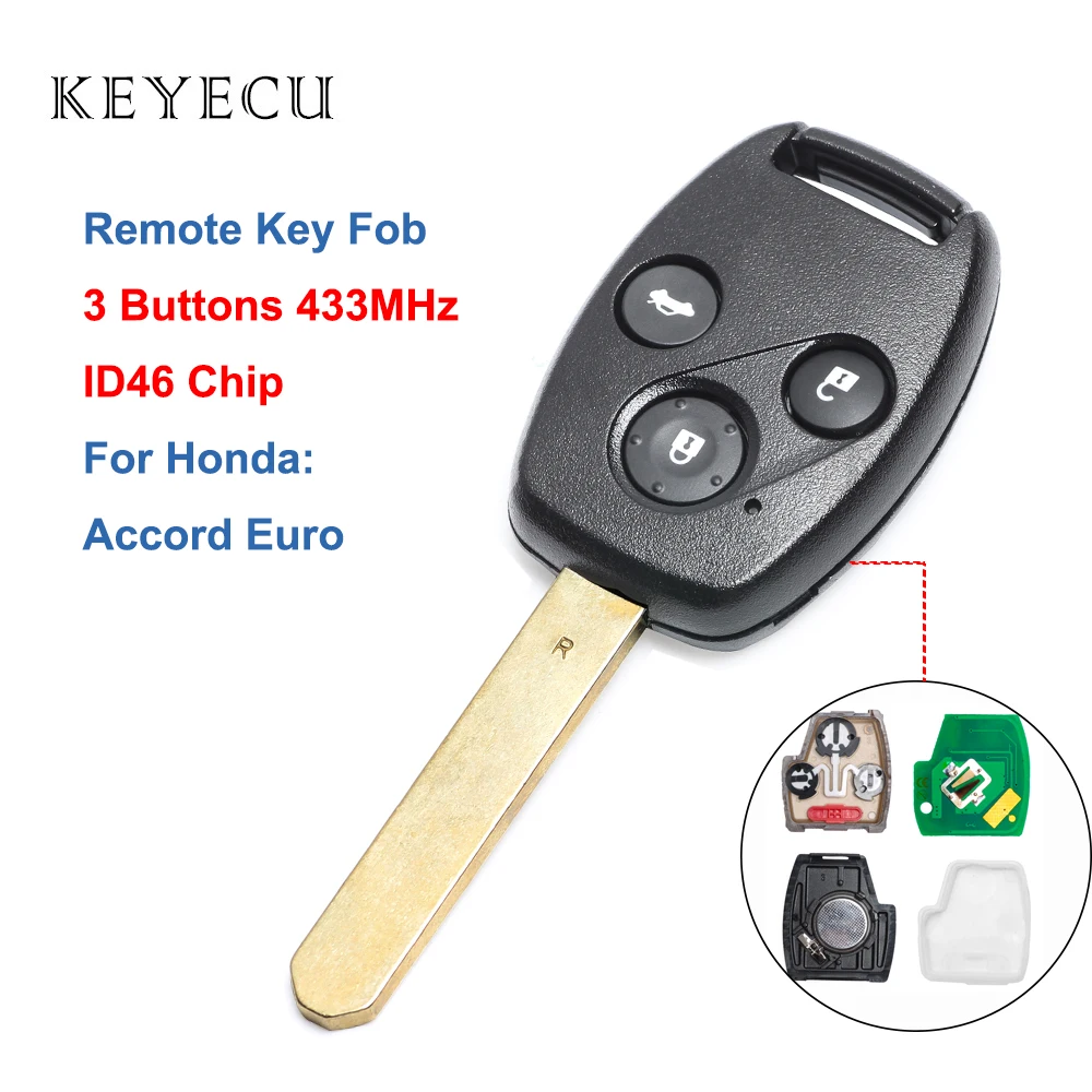 Keyecu Remote Key Fob 3 Buttons 433Mhz ID46 Chip for Honda Accord Euro 2007 2008 2009 New Keyless Entry Car | Автомобили и