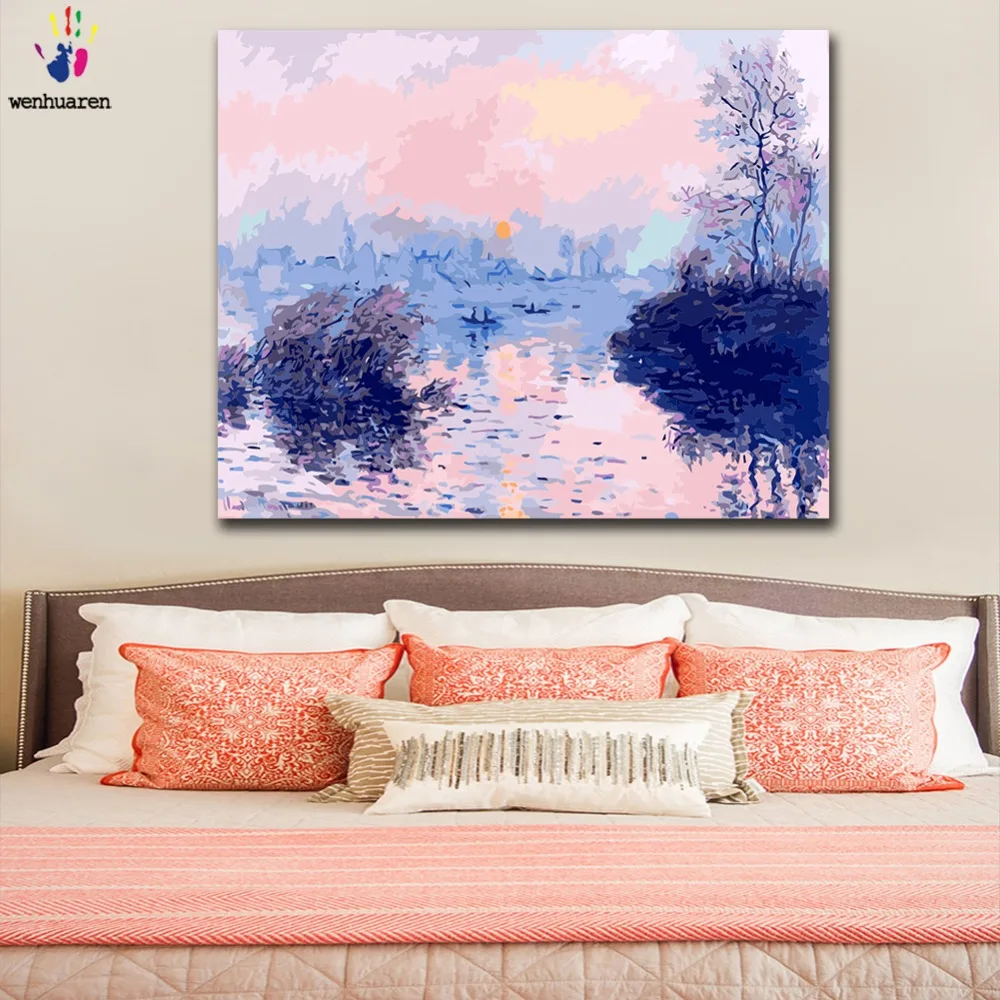 DIY картинки для раскраски по номерам с цветами закат на Monesena изображение реки Рисунок Живопись по номерам в рамке дома