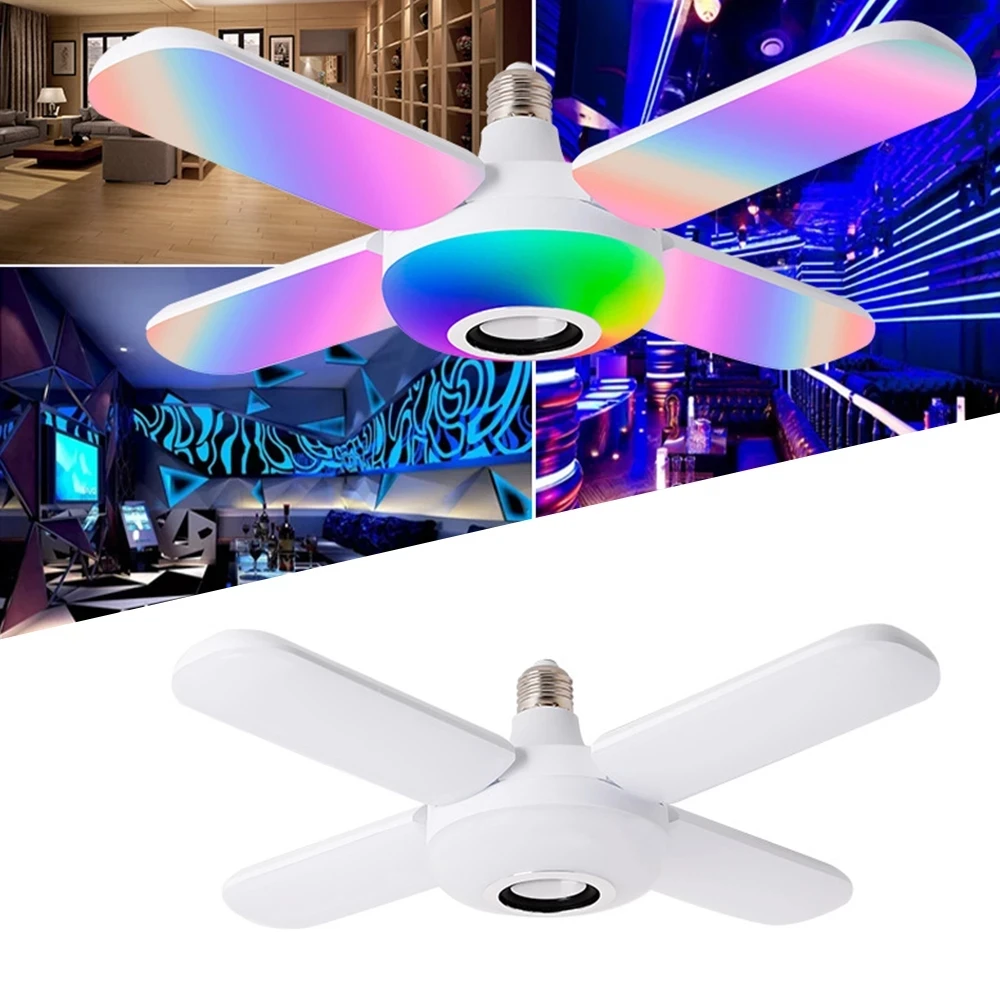 

E27 RGB 4-Leaves Music Light 50W LED Bulb With Remote Control Foldable Ceiling Lamp Bulb Smart Speaker Fan Light Indoor Lamp HOT