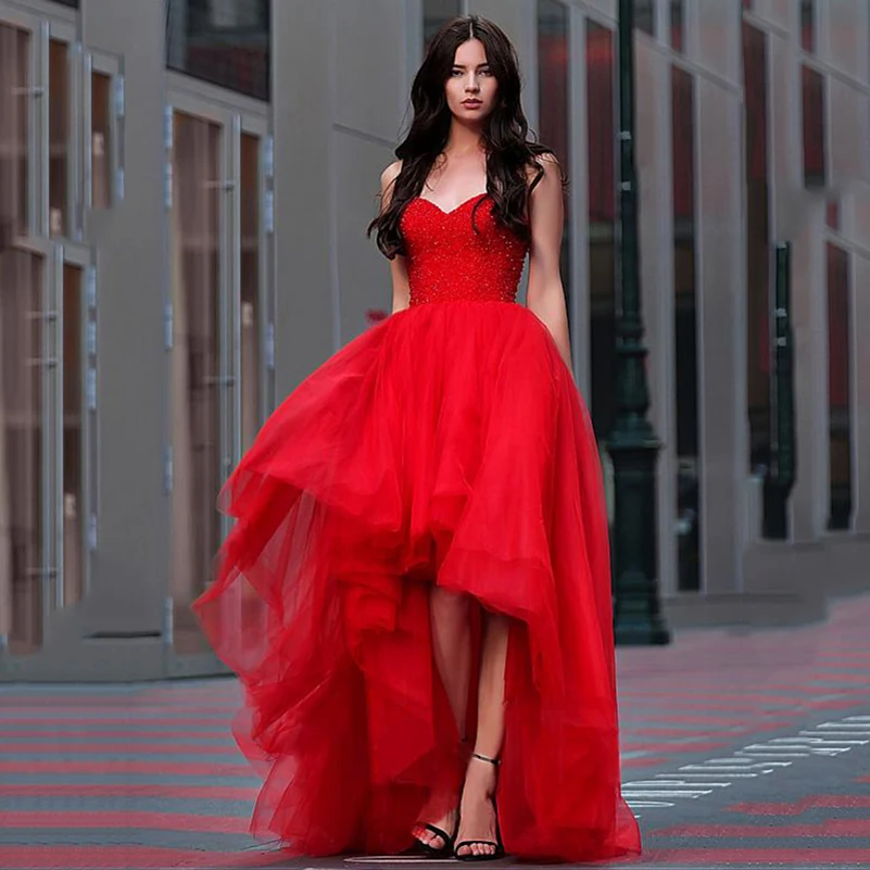 red tulle prom dress