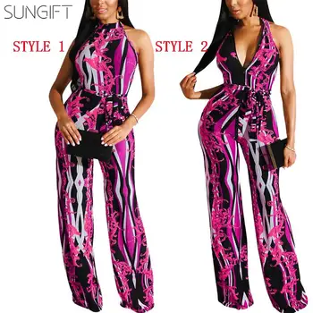 

SUNGIFT African Clothes For Women Dashiki Sleeveless Off Shoulder V Neck and Halter Sexy Jumpsuit For Female High Waist One Set