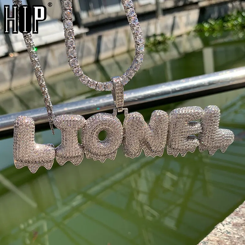 

Hip Hop Iced Out Bubble Letters Custom Name Cubic Zircon Drip Chain Pendants & Necklaces For Men Jewelry With Tennis Chain